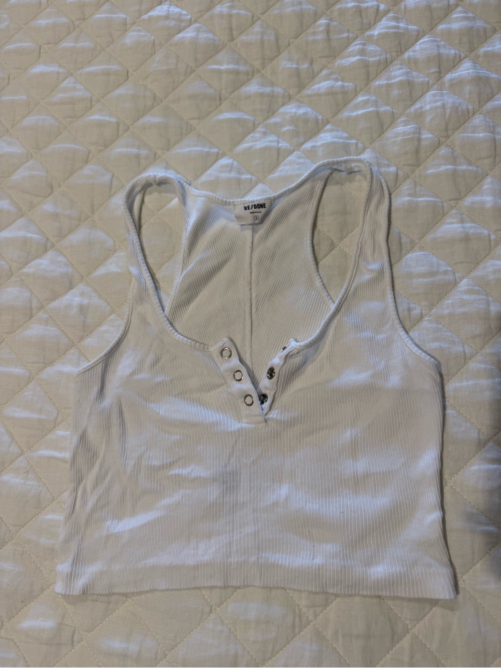 Re/Done White Ribbed Henley Crop Tank